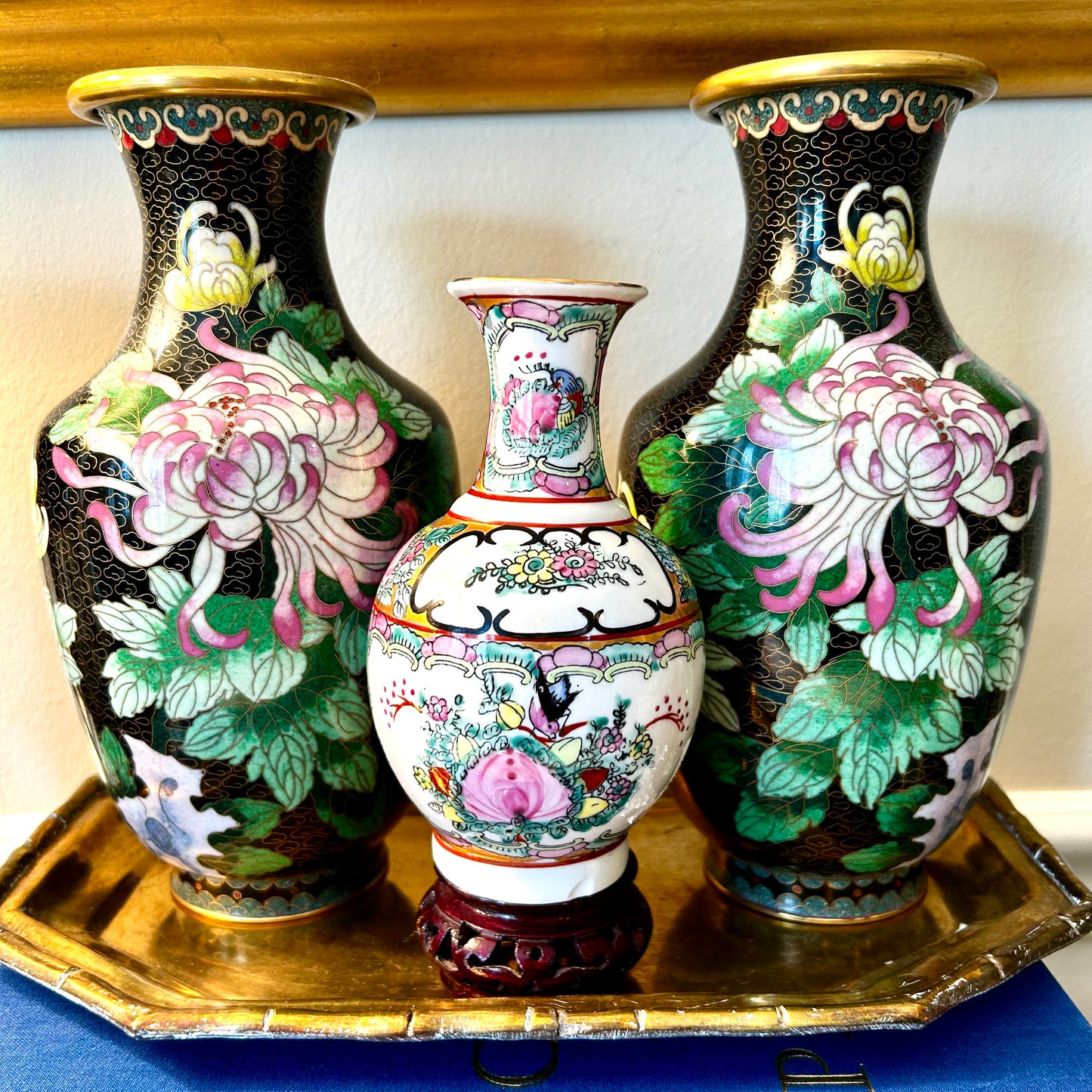 Statuesque Pair of vintage brass & enamel cloisonné ebony vases 9.25 hi