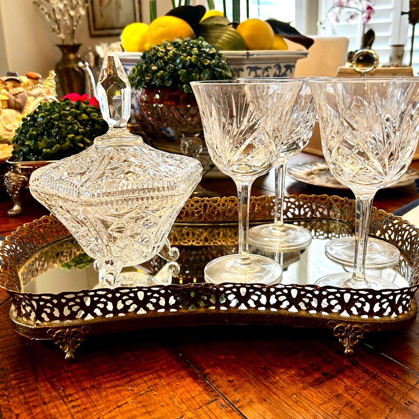 Gorgeous vintage brass claw leg reticulated brass mirrored tray