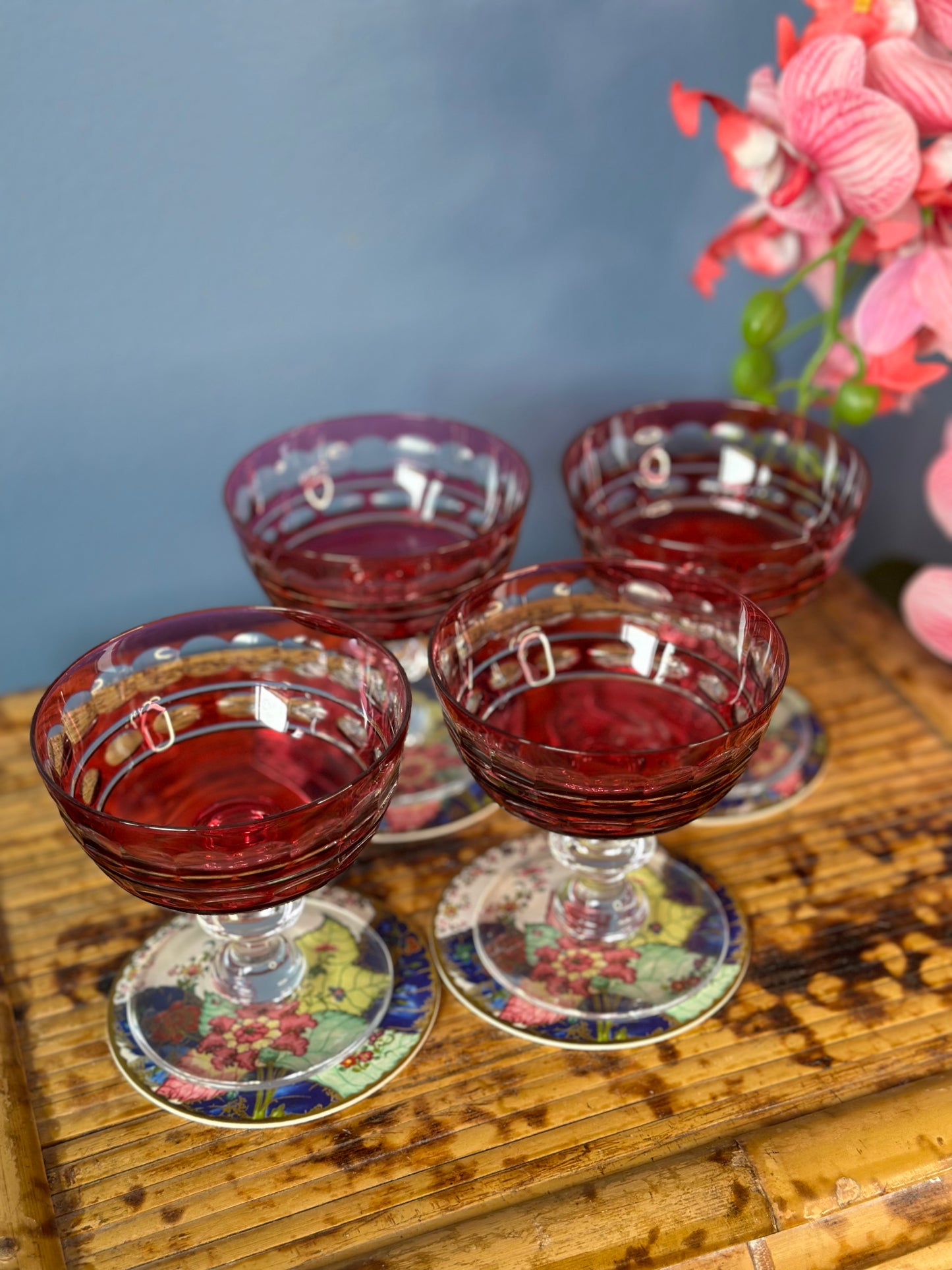 VAL ST. LAMBERT Set 10 "BLARNEY" CRANBERRY CUT-TO-CLEAR CRYSTAL PEDESTAL SHERBET