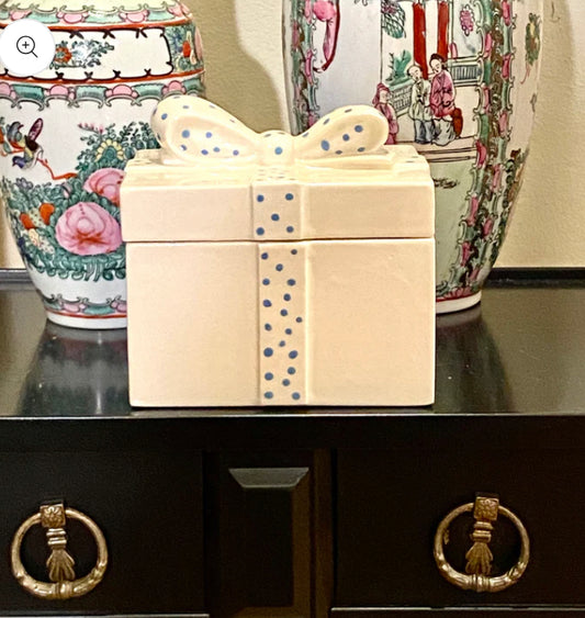 Lovely blue & white polka dot ceramic gift box with lid.