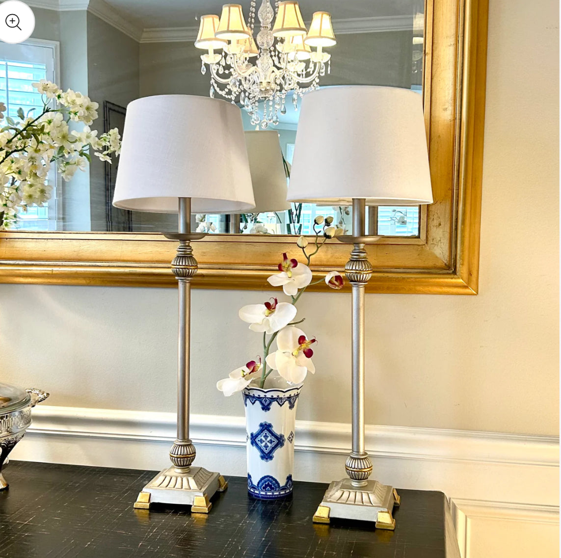 Stunning statuesque pair of vintage tall buffet lamps, 31” Tall