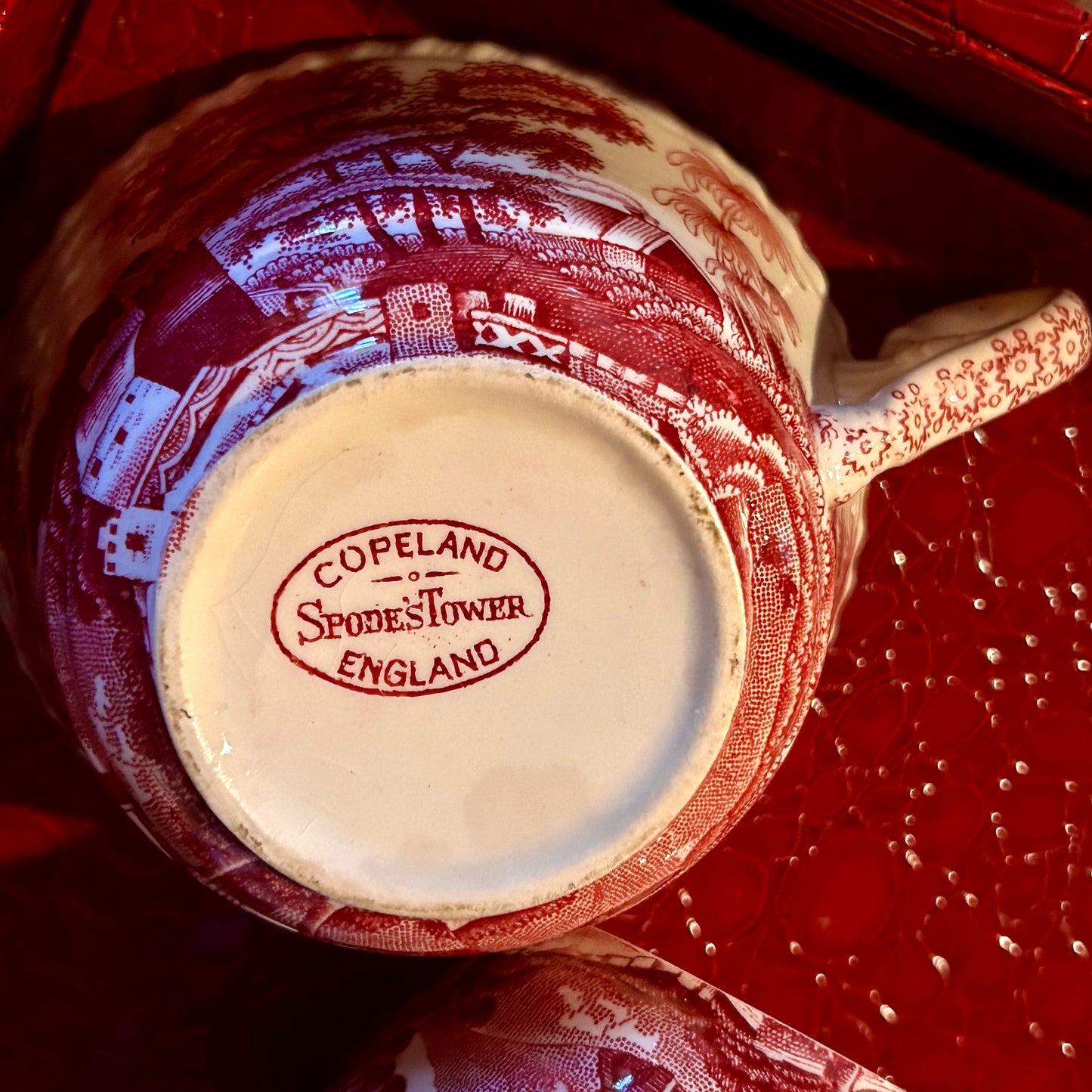 Set of 5 Antique Copeland "Spode’s Tower" Pink Willow tea Cups