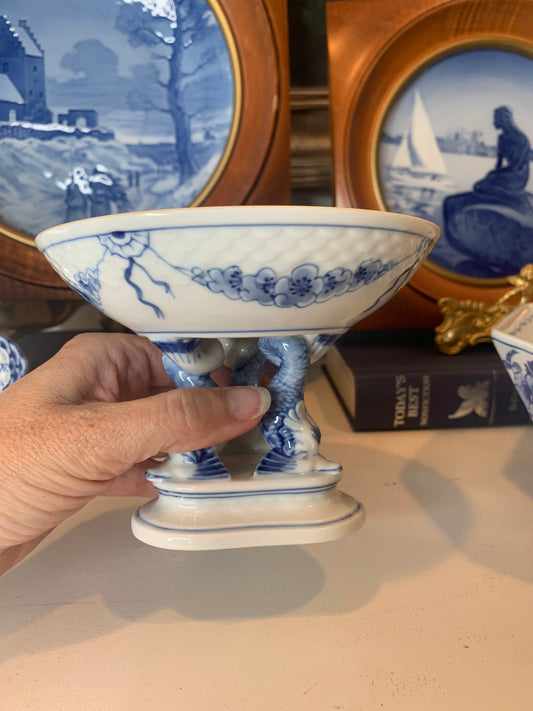 Bing & Grondahl Empire Blue & White Dolphin Footed Compote