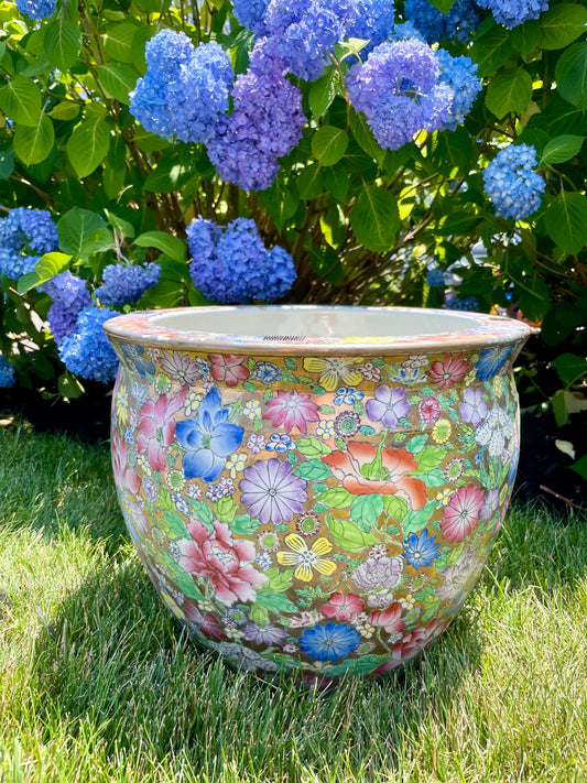 Large Vintage 15” Porcelain Floral Chinoiserie Hand-Painted Fishbowl Planter circa 1970’s