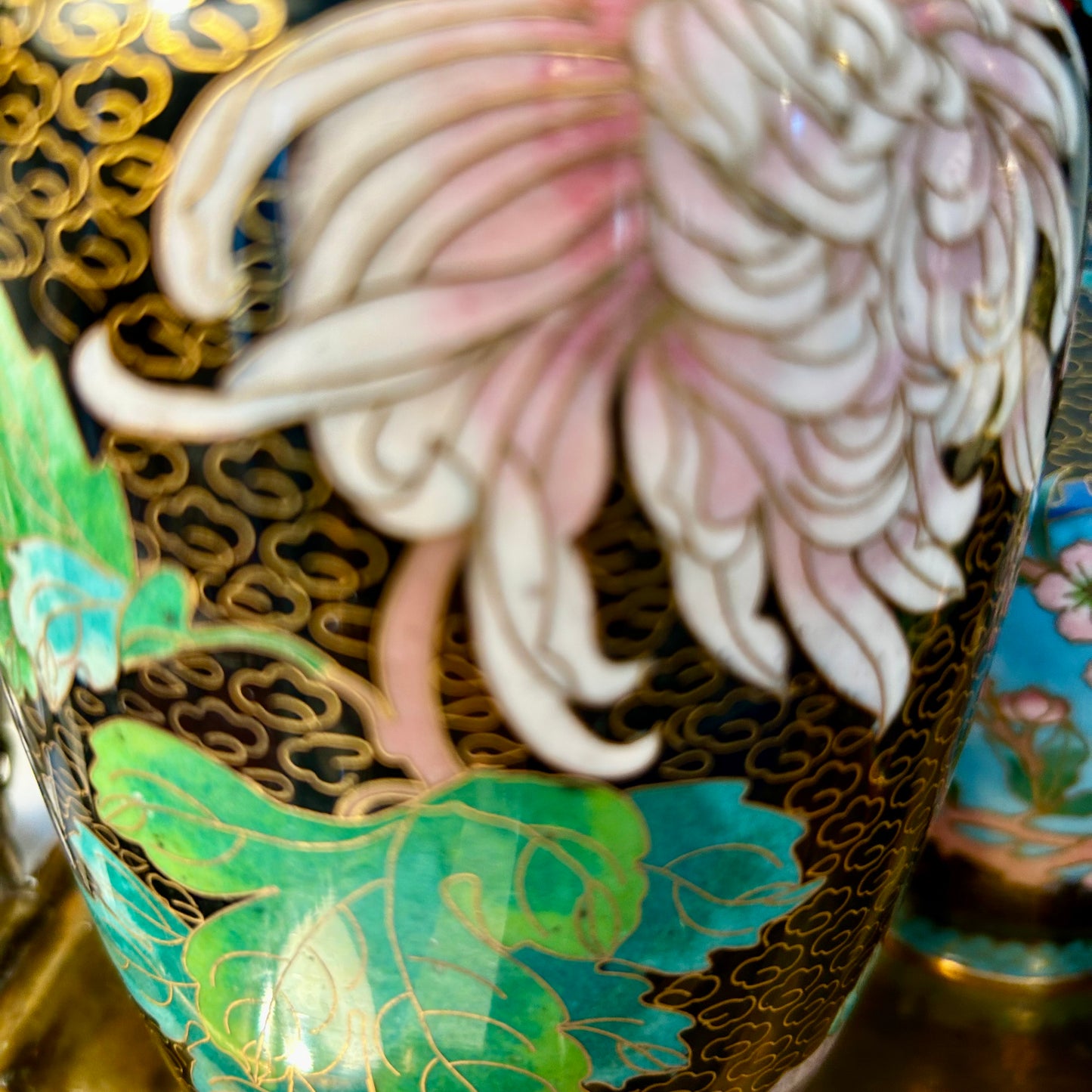 Perfect Pair of vintage brass cloisonné floral  vases.