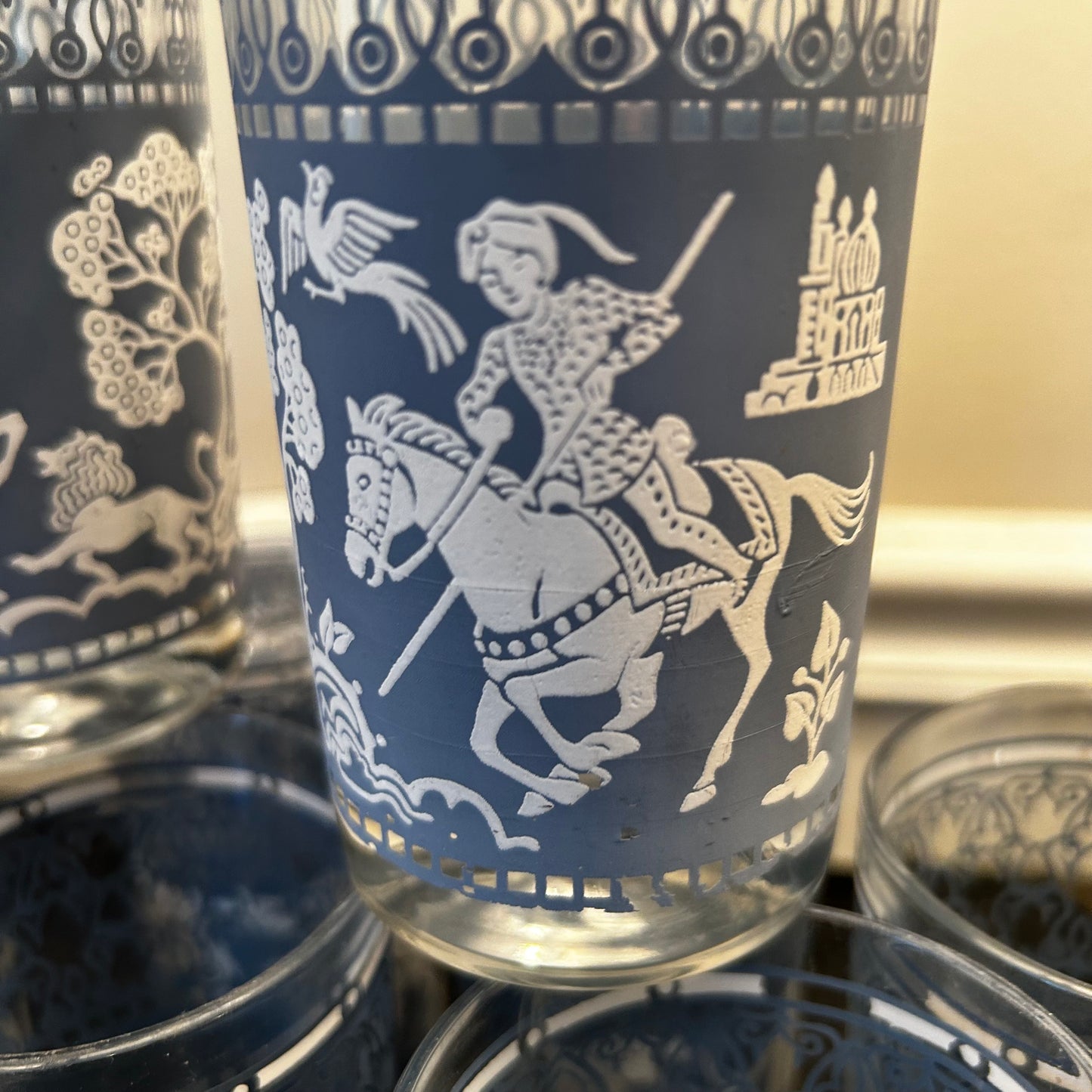 Set of 8 blue and white mid century jasperware tumbler  glasses