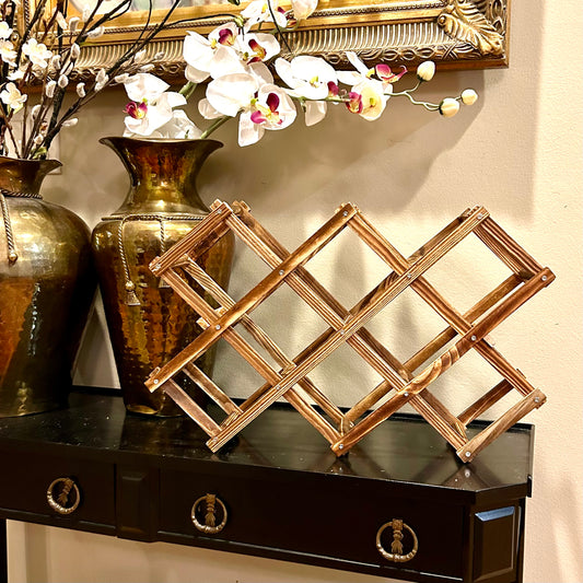 Vintage rattan wood  foldable wine bottle holder rack