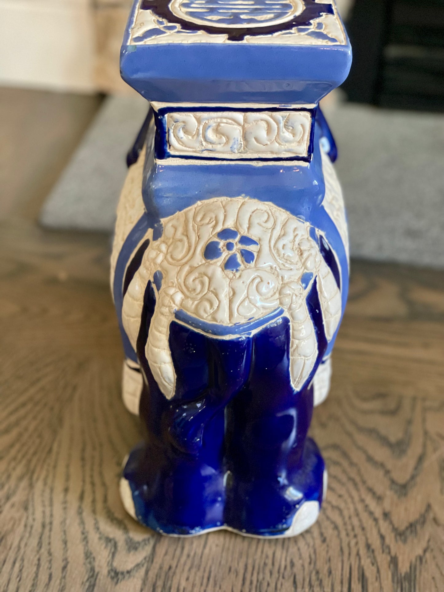 Vintage Blue & White Chinoiserie 13” Ceramic Elephant Plant Stand