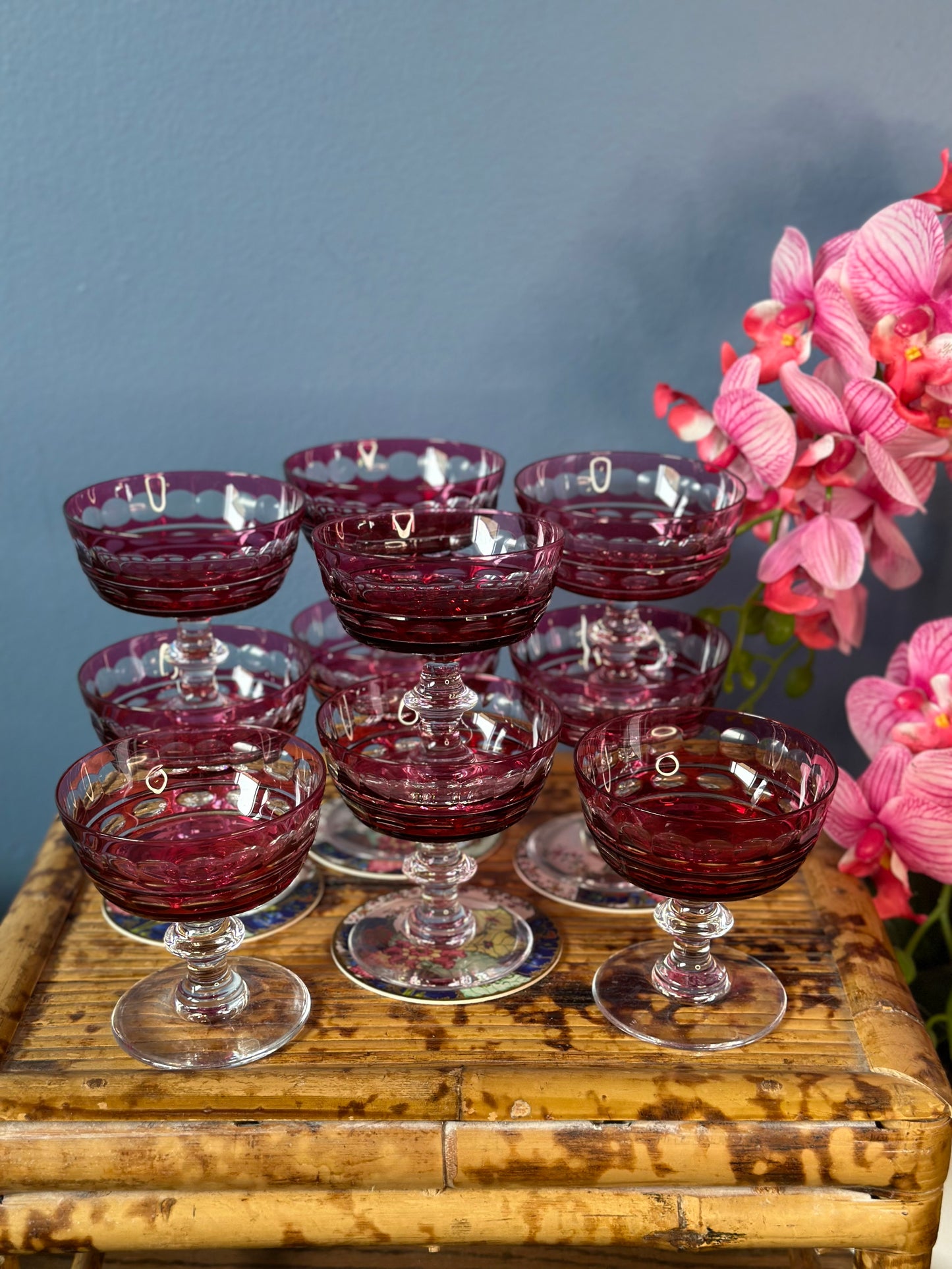 VAL ST. LAMBERT Set 10 "BLARNEY" CRANBERRY CUT-TO-CLEAR CRYSTAL PEDESTAL SHERBET