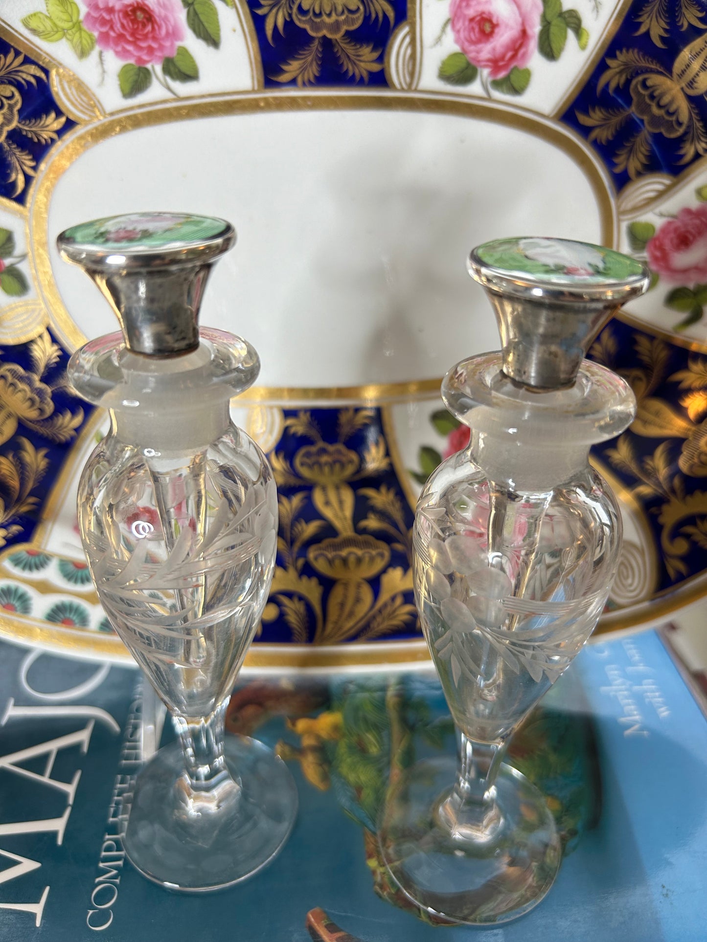 Pair of Hand Engraved Crystal Perfume Bottles with Sterling Guilloche Enamel Stoppers! Can be sold as a pair or separately for 165 each