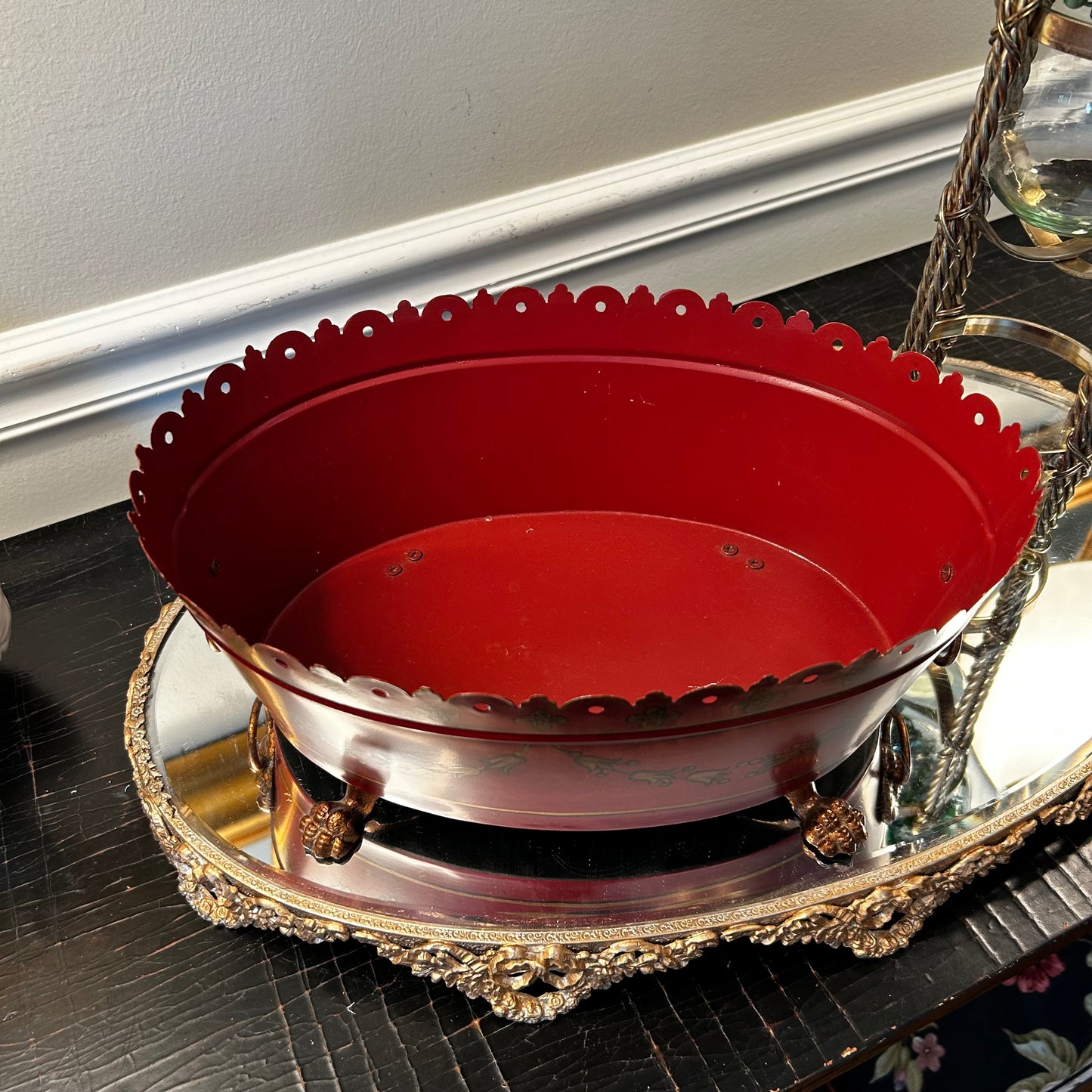 Gorgeous rich red and gold Chippendale claw leg tole metal planter