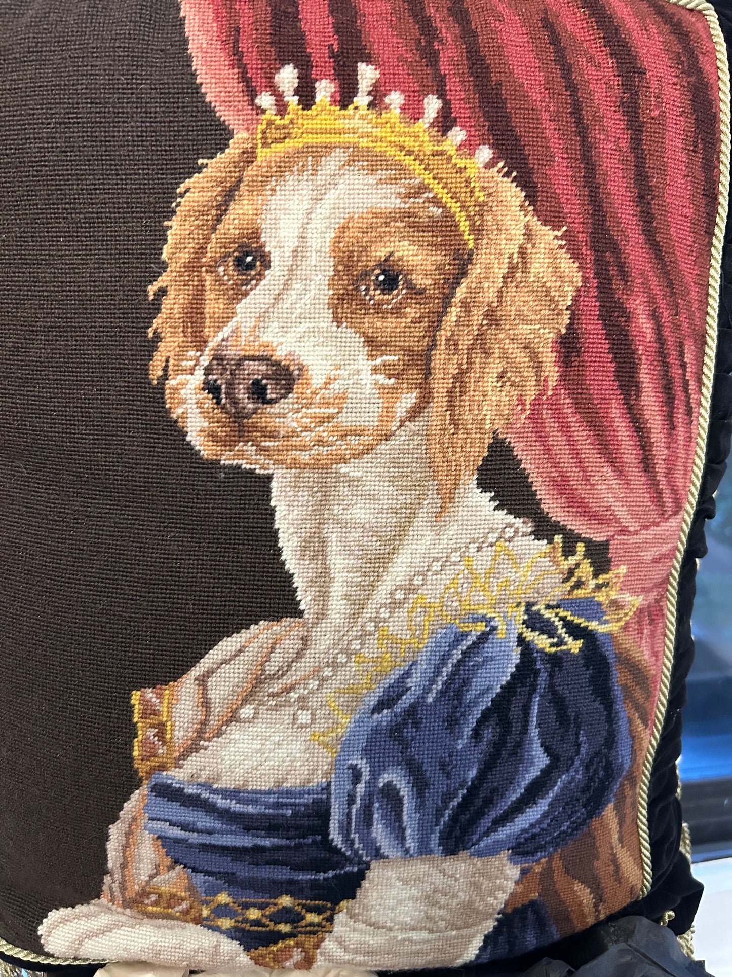 Magnificent Needlepoint Pillow with Princess Dog, 21”