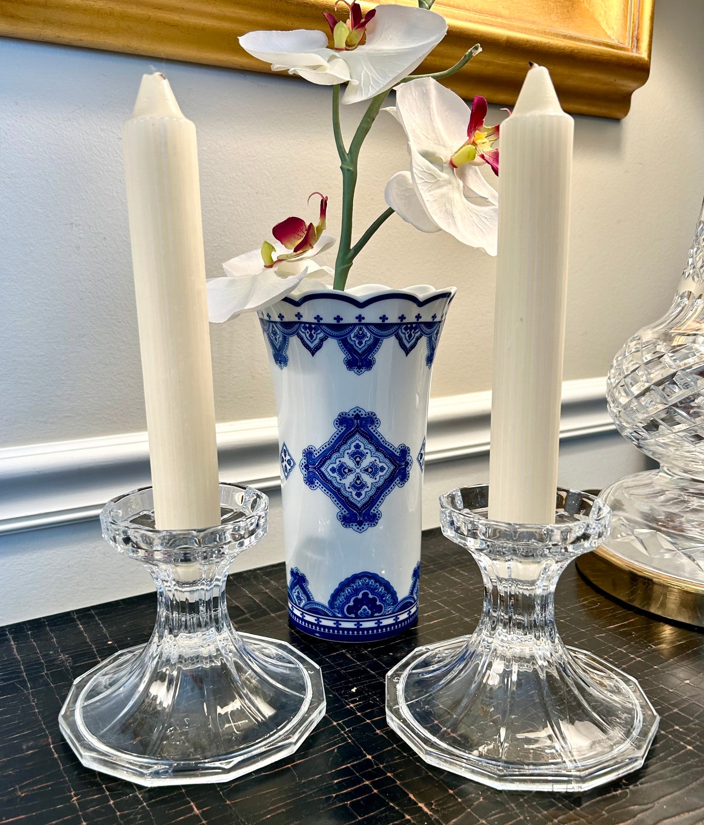 Stunning pair 11in crystal Hurricane candle holders