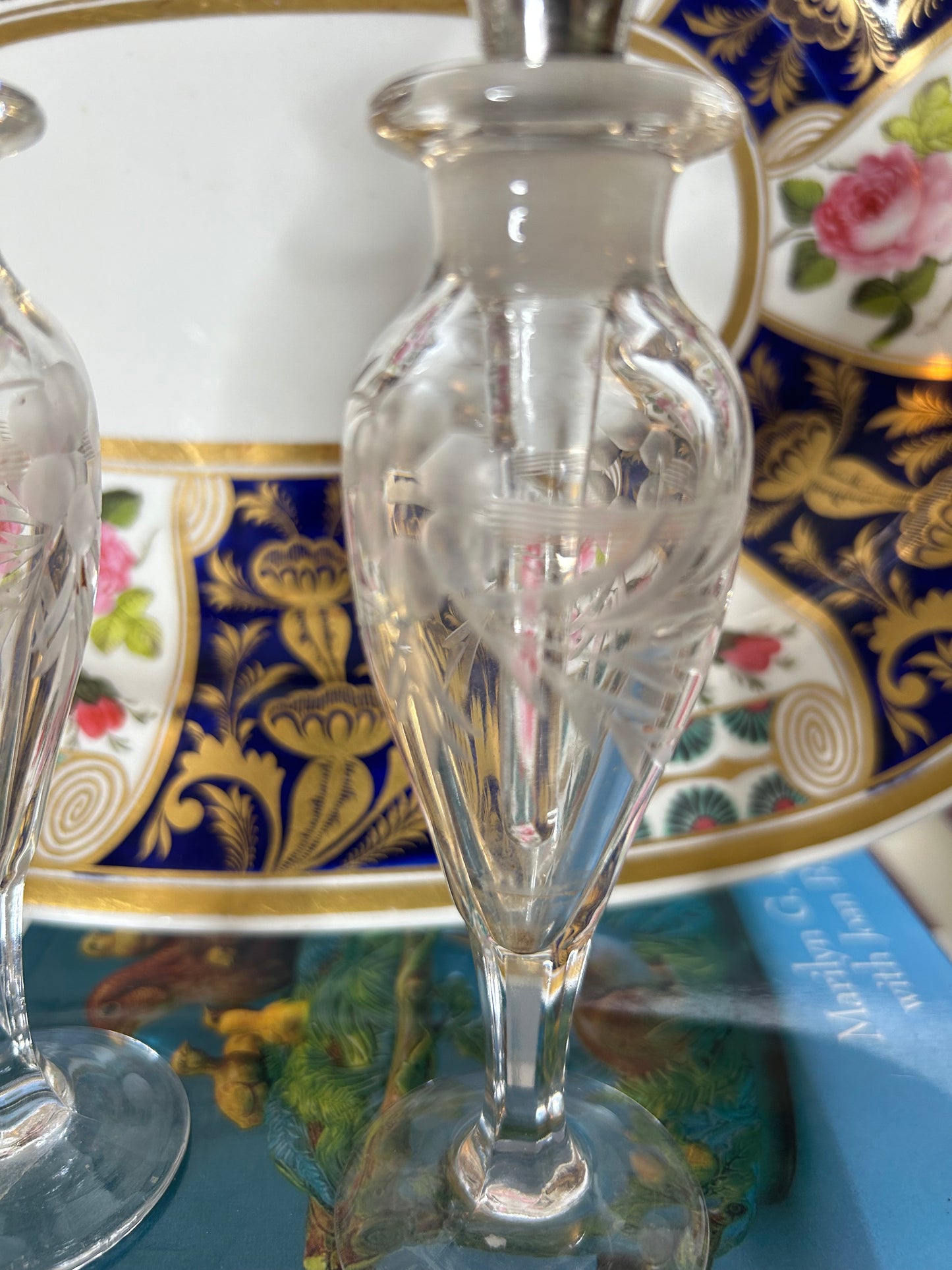 Pair of Hand Engraved Crystal Perfume Bottles with Sterling Guilloche Enamel Stoppers! Can be sold as a pair or separately for 165 each