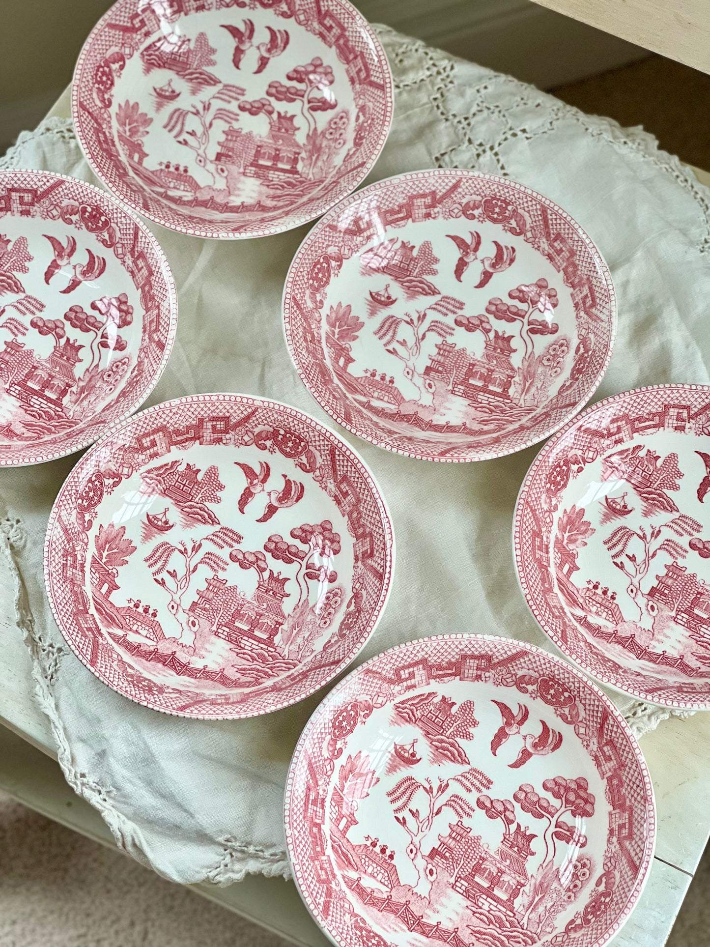 Vintage Set (6) Pink / Red Willow Berry Bowls