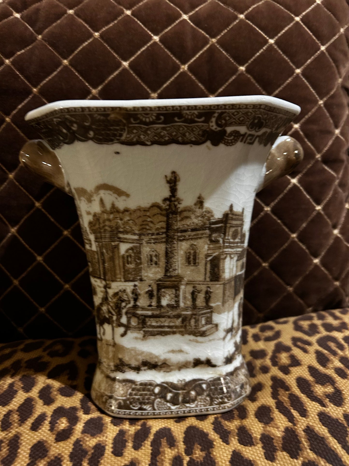 Antique English Brown Transferware  cache pot planter vase