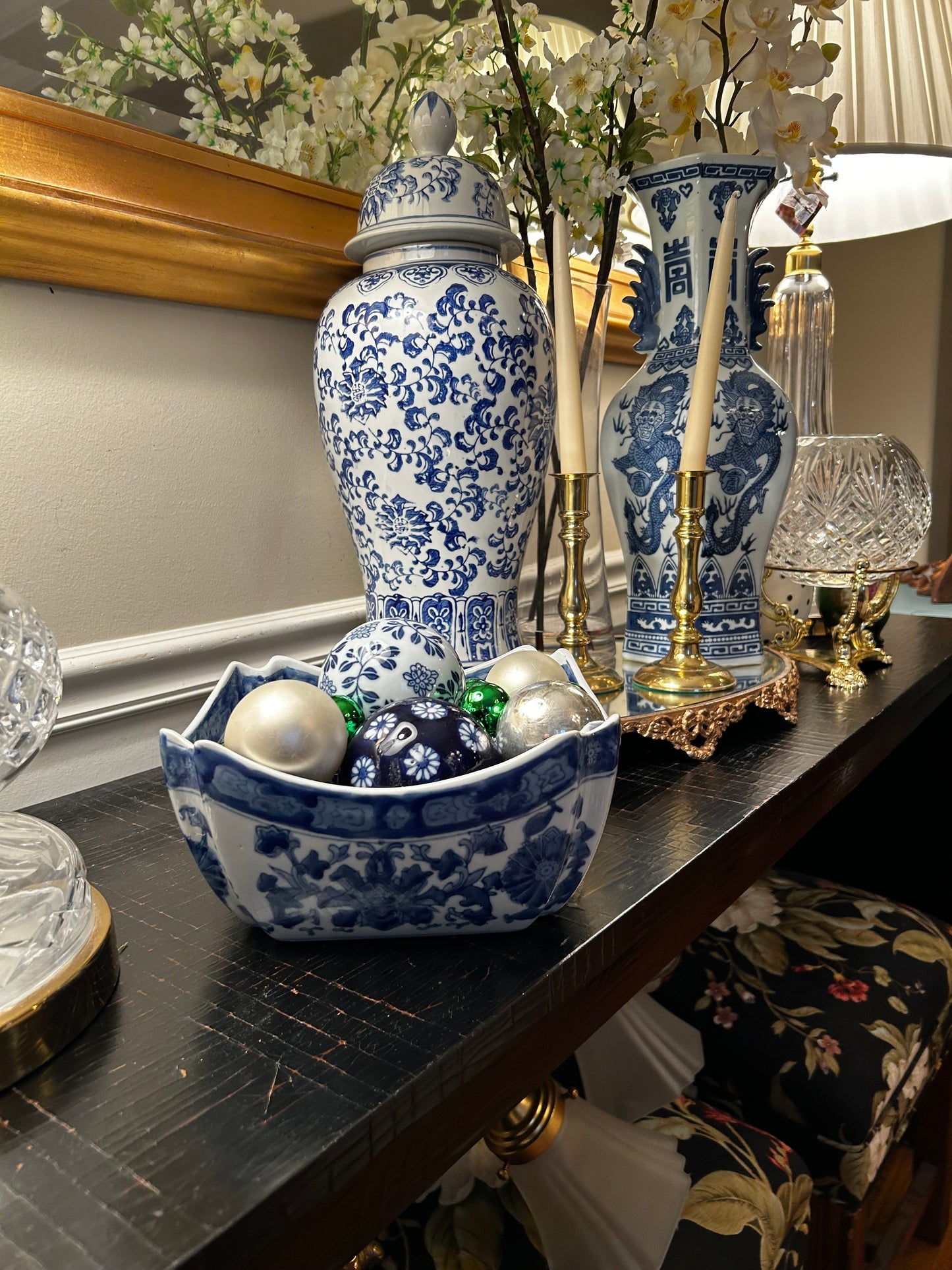 Fabulous vintage blue & white octagon planter centerpiece bowl 11d