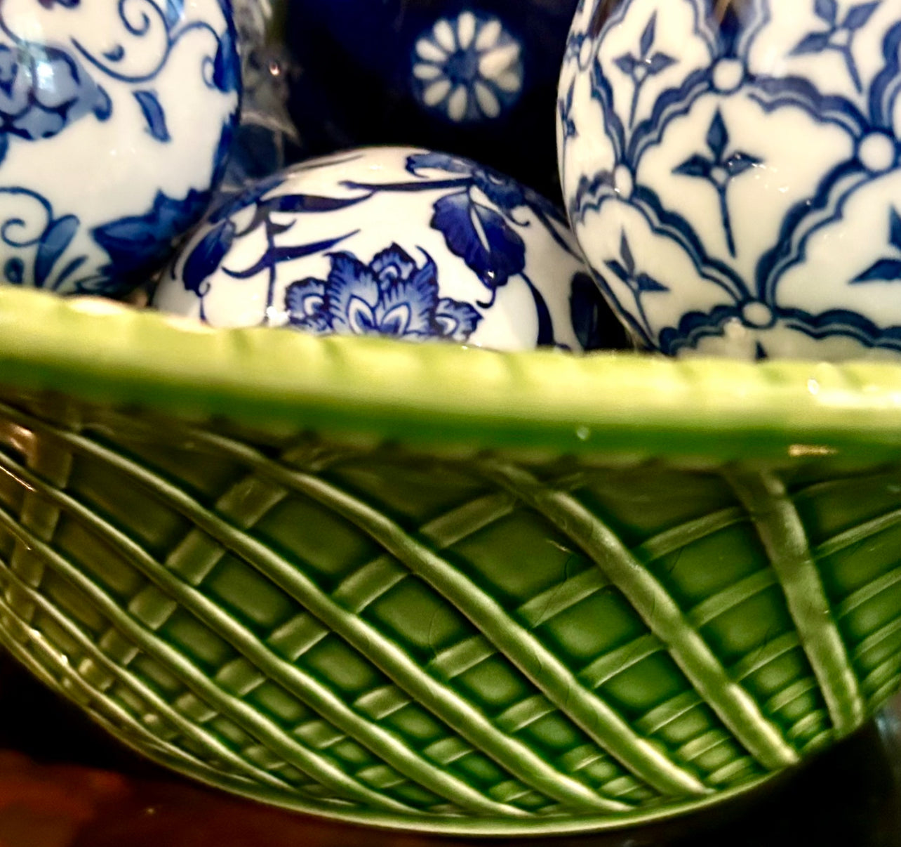 Basketweave stamped centerpiece bowl by Bordallo Pinheiro.