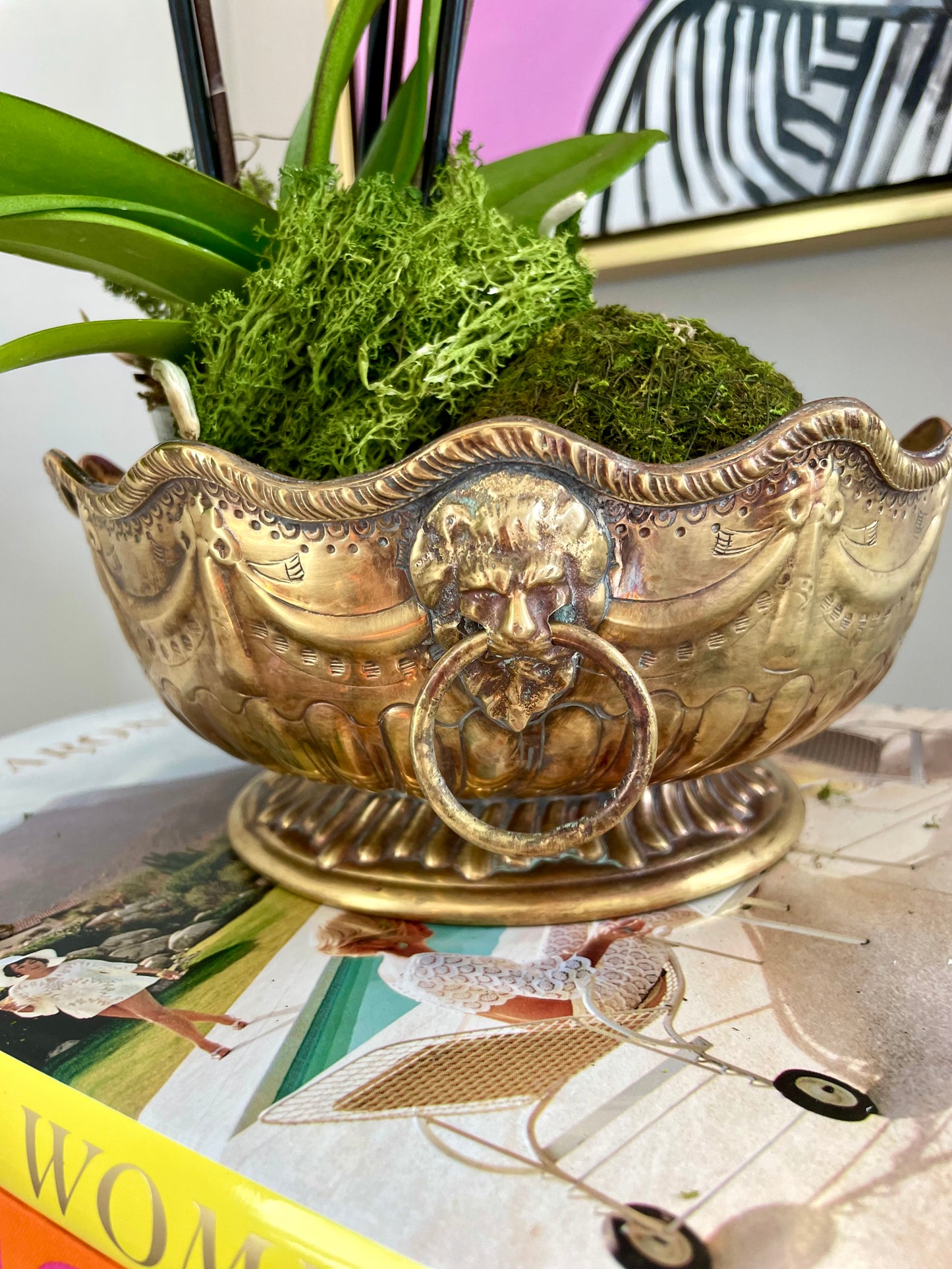 Mid-Century Mottahedeh 9” Brass Scalloped Pedestal Bowl with Double Lion Head Handles!