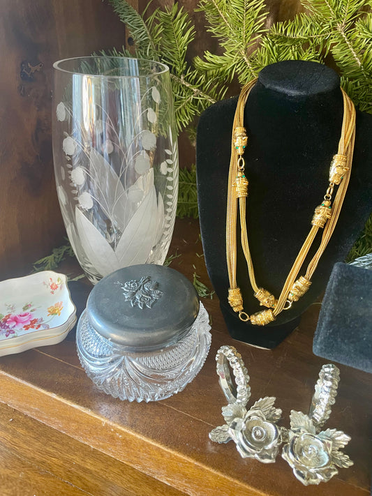 Live Sale 12/18 for Maria 2 of 2: Antique LeMaire Monogrammed Opera Glasses in Box + KJL Snake Bracelet + JBK Panther Quadruple Strand Necklace