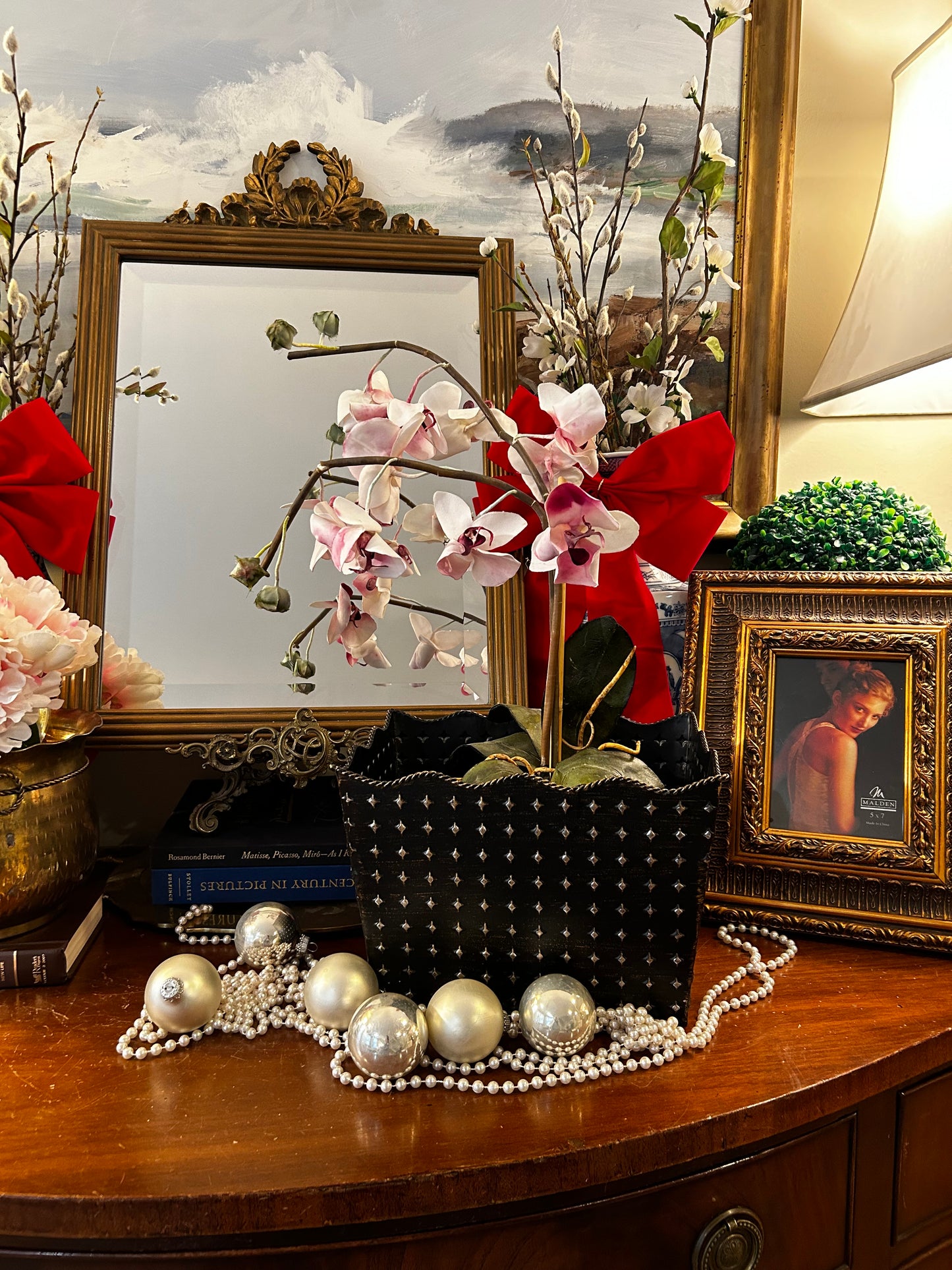 Vintage ebony black & gold tole metal planter centerpiece