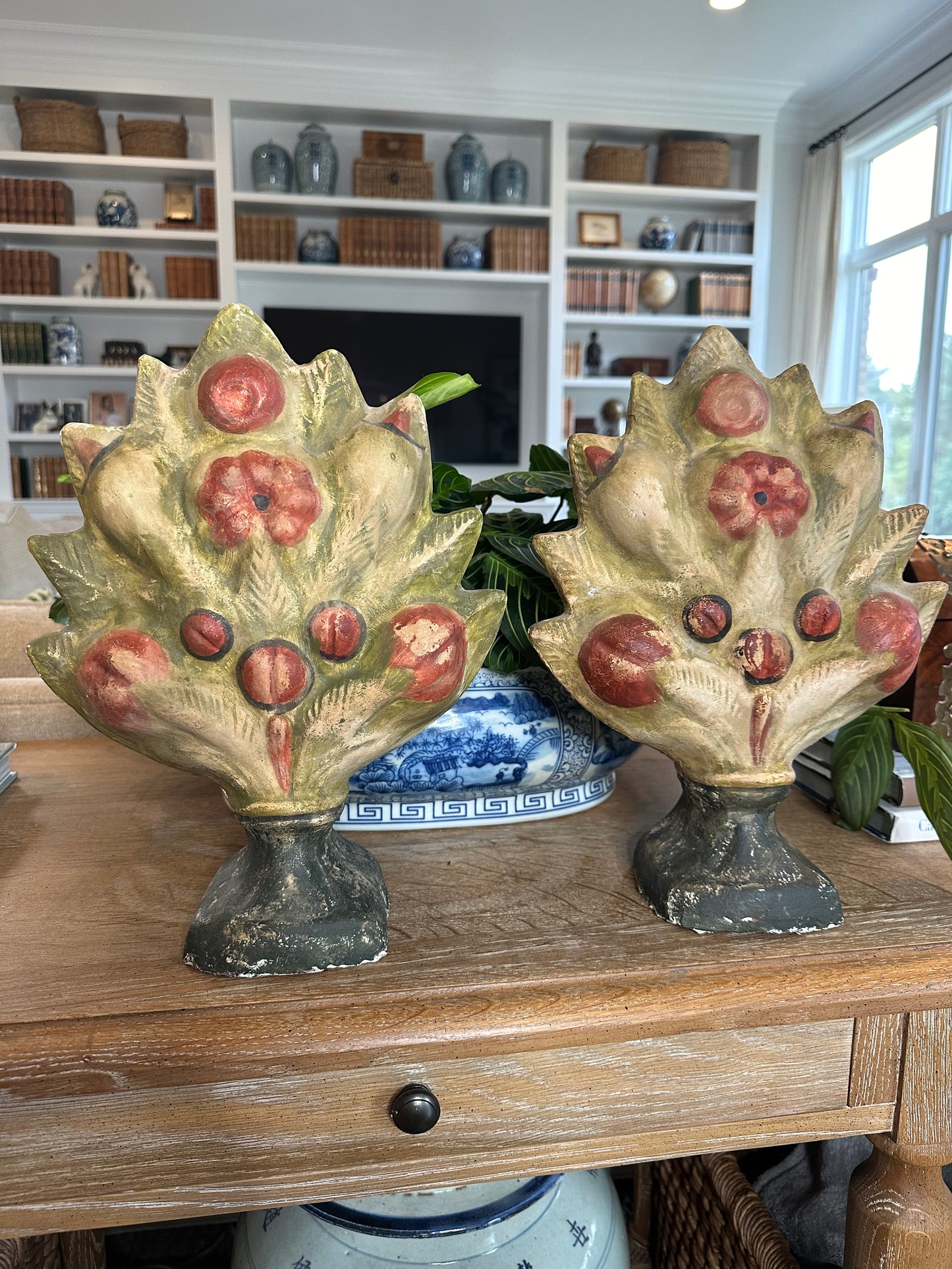 Rare Pair 19thc Plaster Paris Floral Garnitures