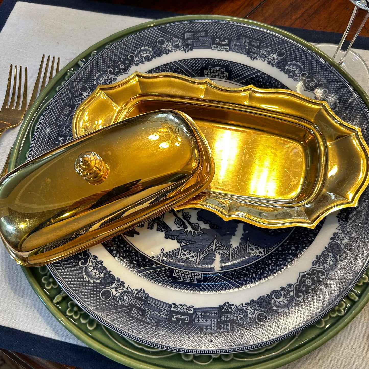 Chic vintage brass over silver plate lidded butter dish