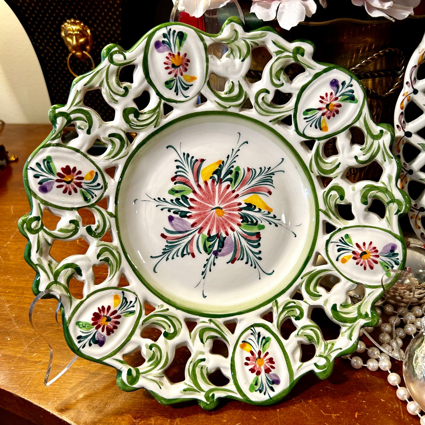 Gorgeous set of 3 Vintage hand painted reticulated Portugal Ceramic Plates