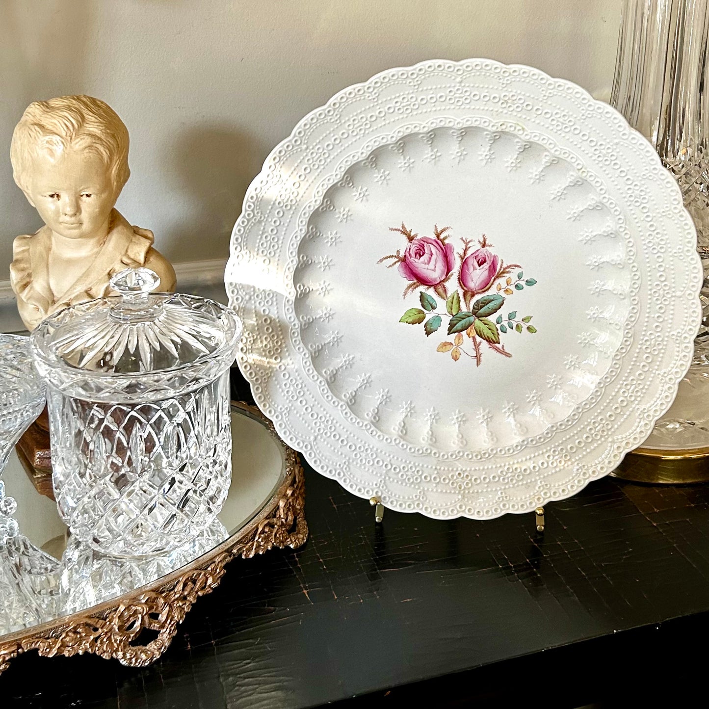 Rare Antique Spode of England platter bone china dinner plates in Moss Rose