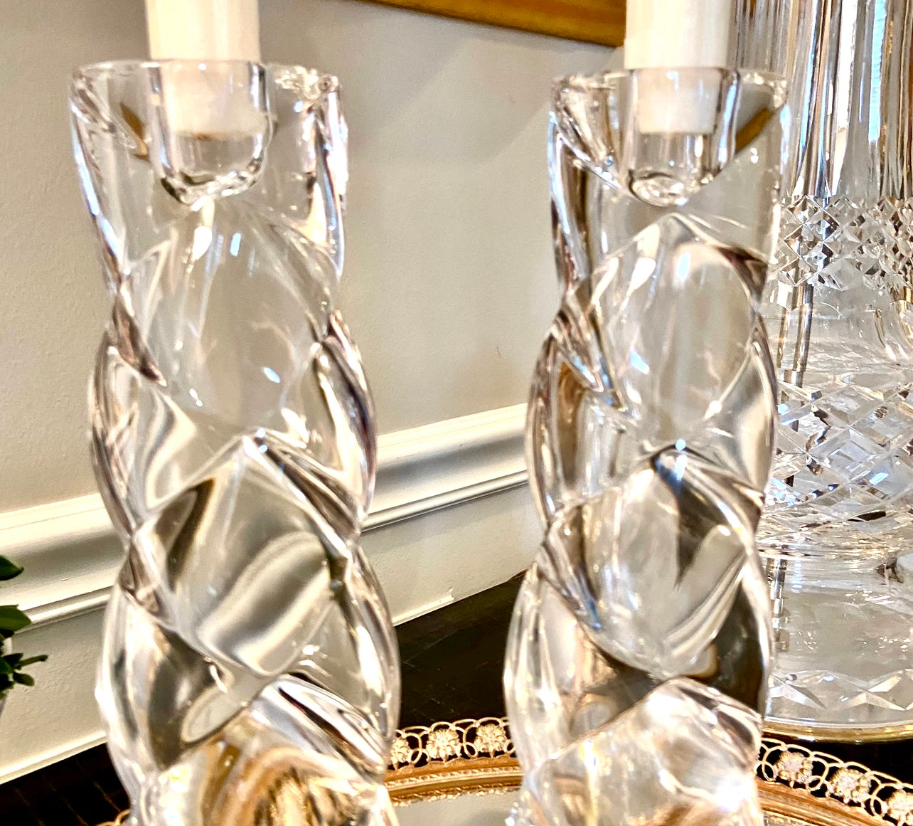 Statuesque pair of designer Mikasa crystal candlesticks, 10” tall