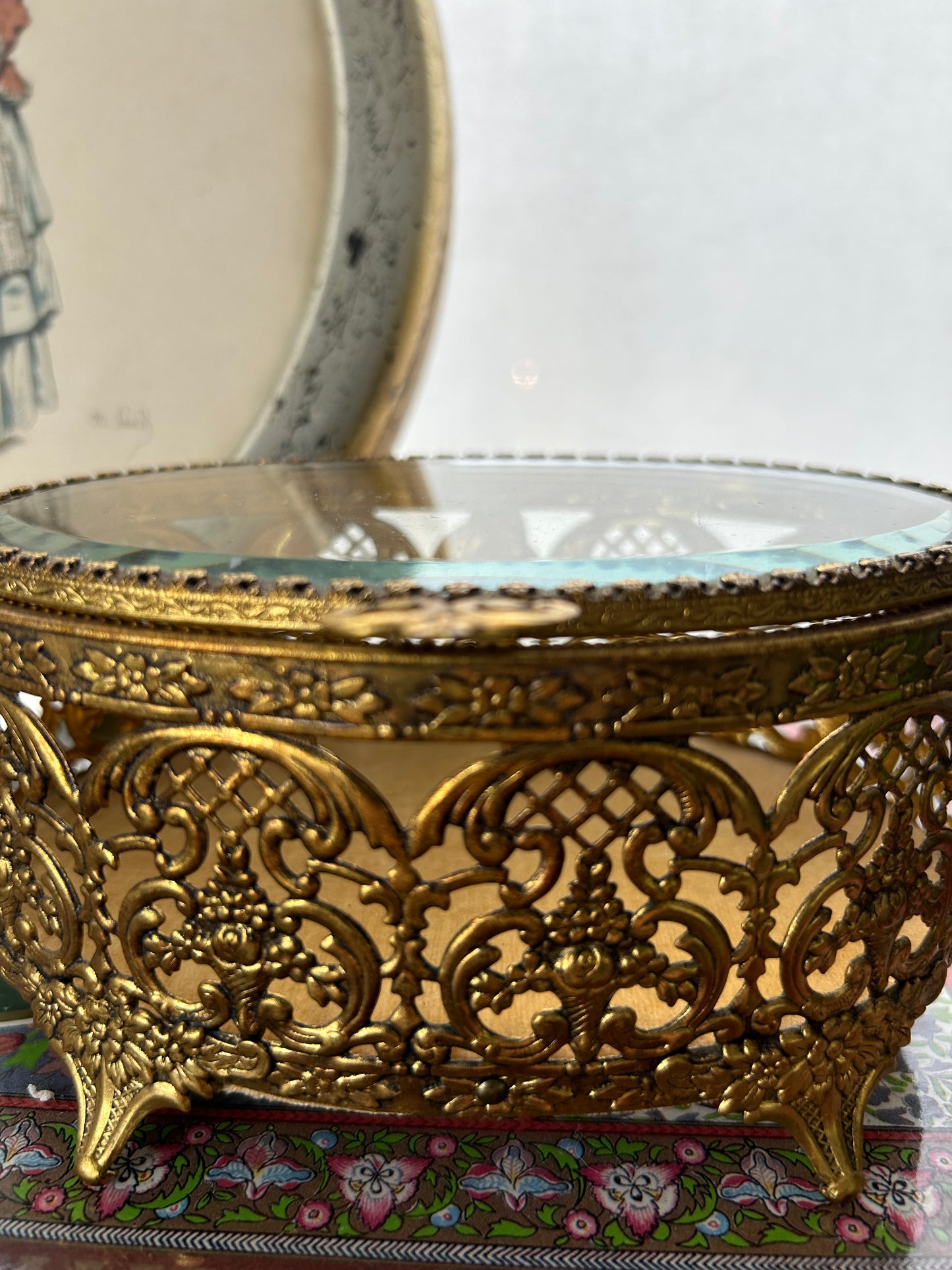 Ornate Brass Mounted Jewelry Casket with Beveled Mirror