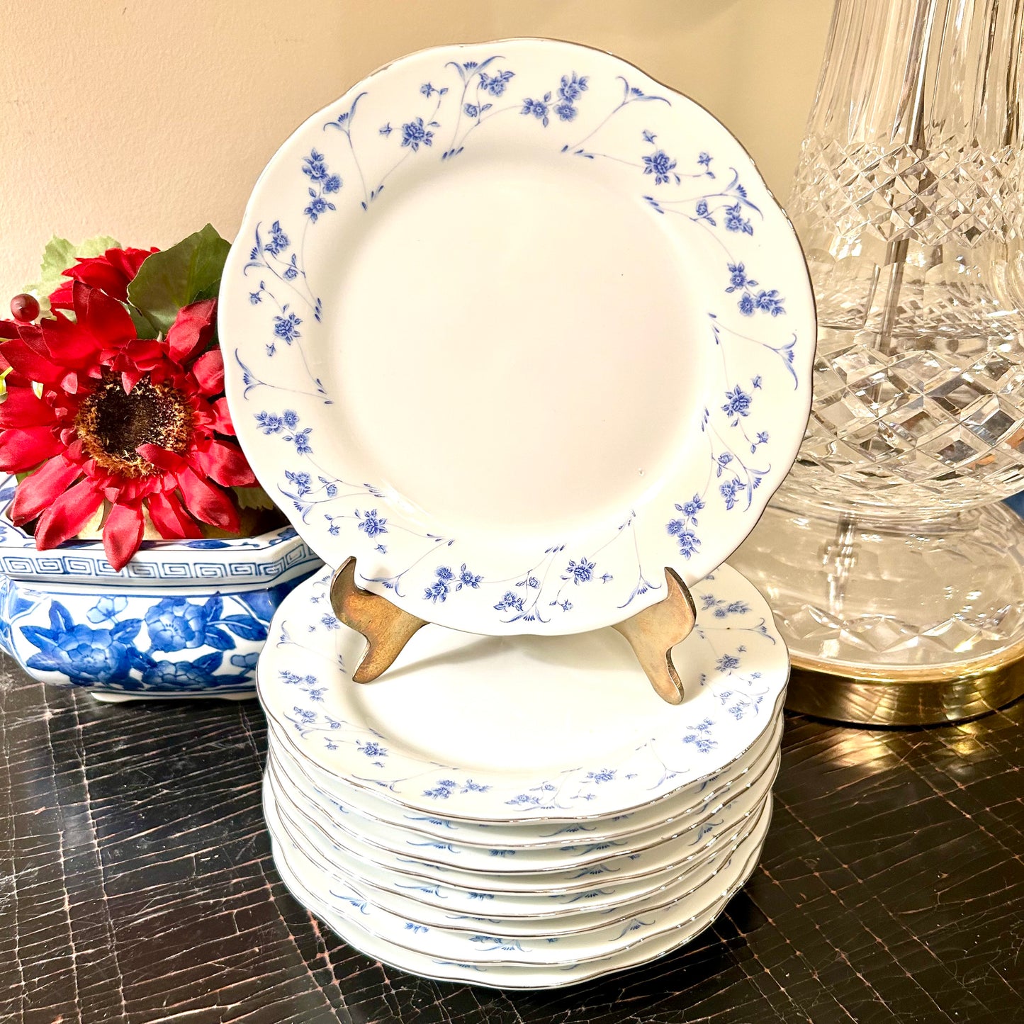 Set of 9 blue & white vintage floral porcelain dessert or salad plates.