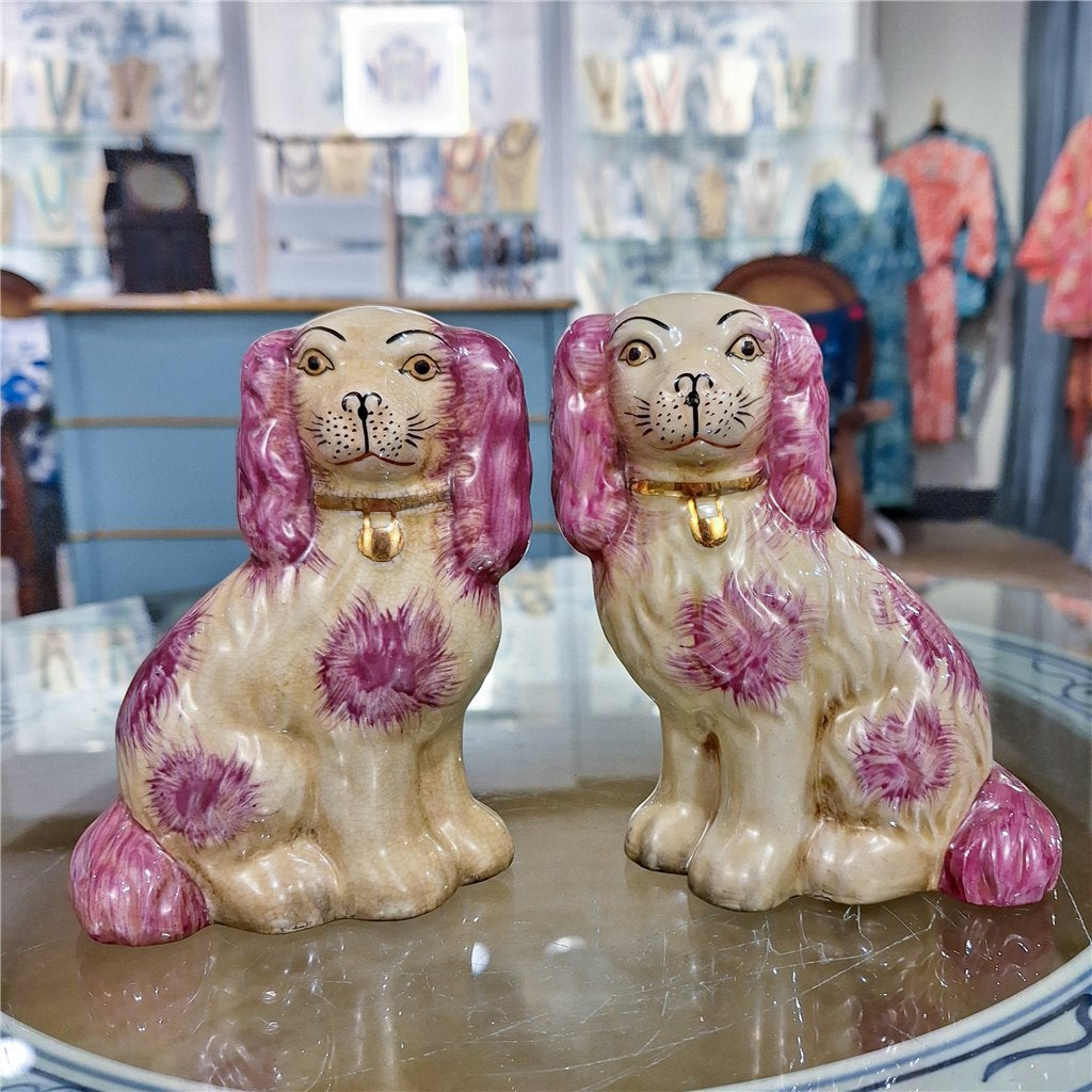 Pink & Cream Ceramic Spaniel Dog Pair, 6" Tall