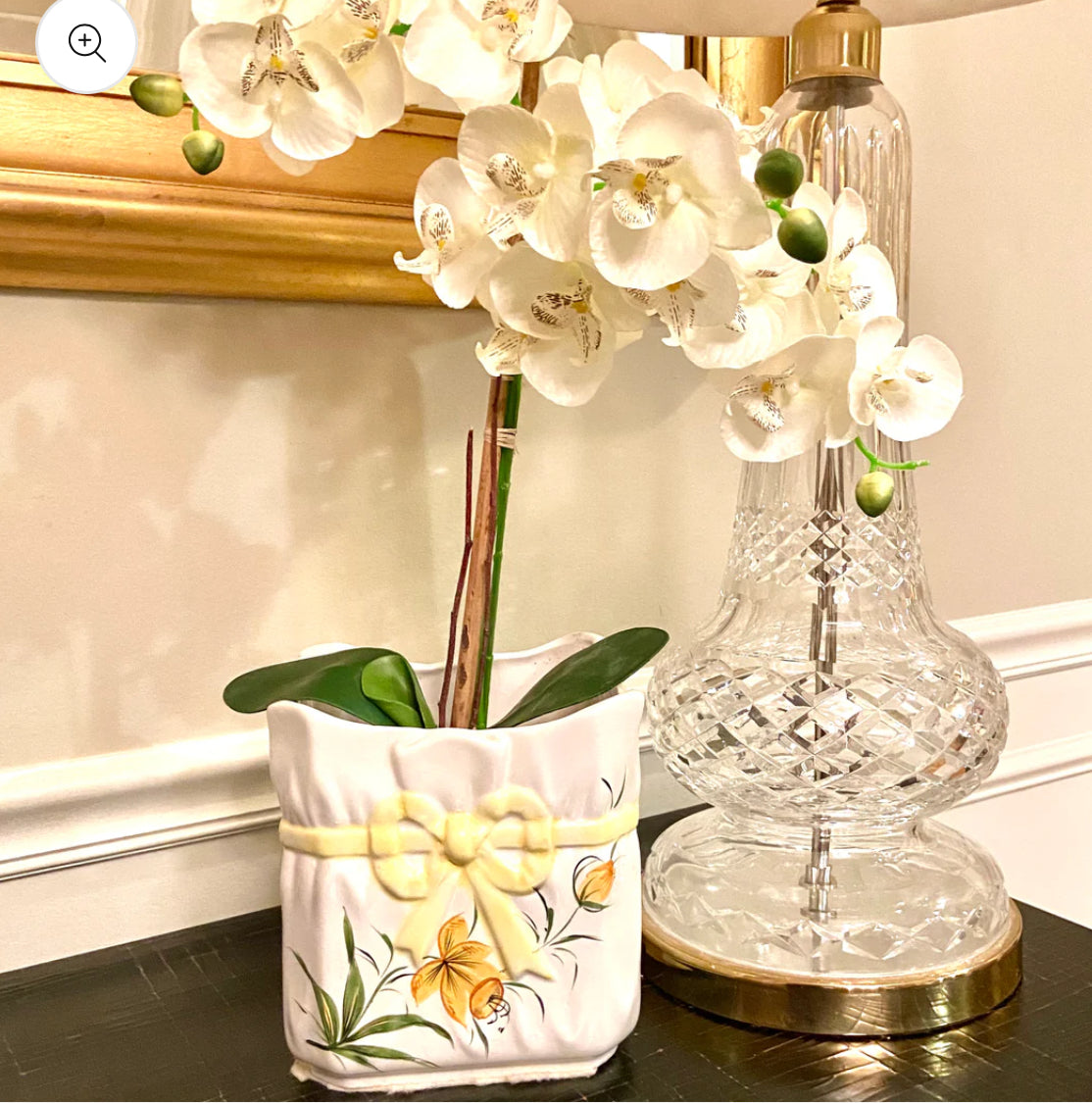 Vintage white botanical with yellow bow ceramic orchid planter