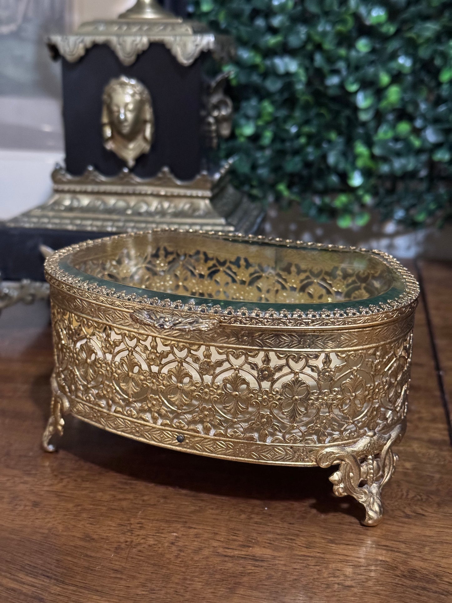 Gorgeous Vintage Brass Filigree Jewelry Casket