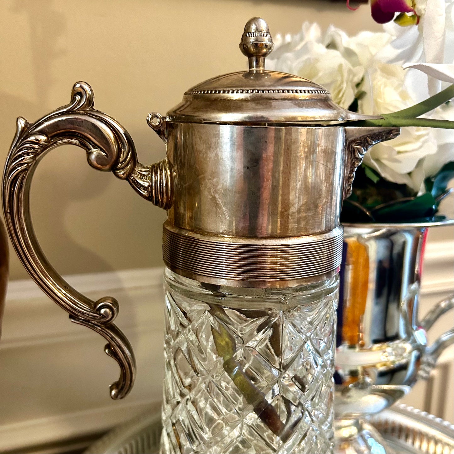 Gorgeous Vintage aged silver plate & crystal tall lidded pitcher vase