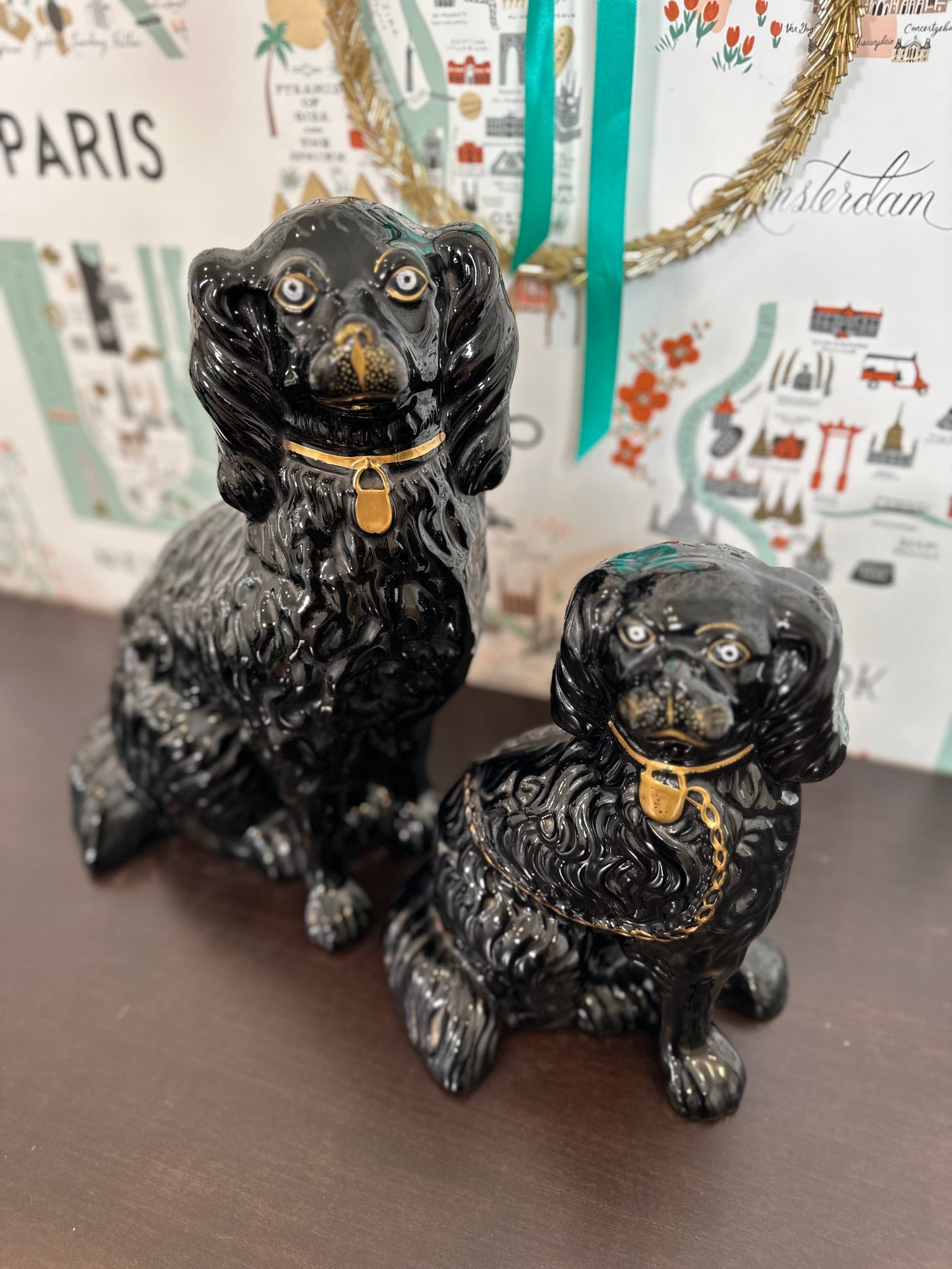 RARE Antique 19th Century English Jackfield Black Porcelain Staffordshire Spaniel Dogs, Set of 2, 15” and 11”