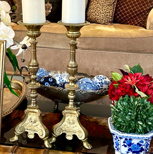 Spectacular pair of Brass claw leg chippendale candle holders