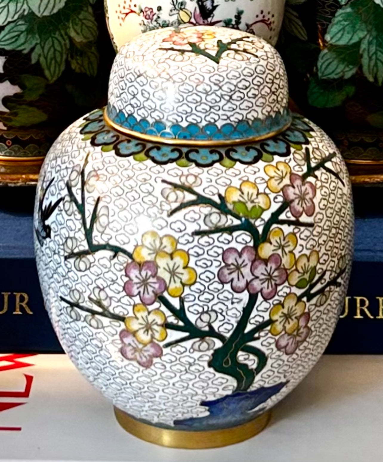 Crisp white vintage brass & enamel cloisonné etched ginger jar with lid