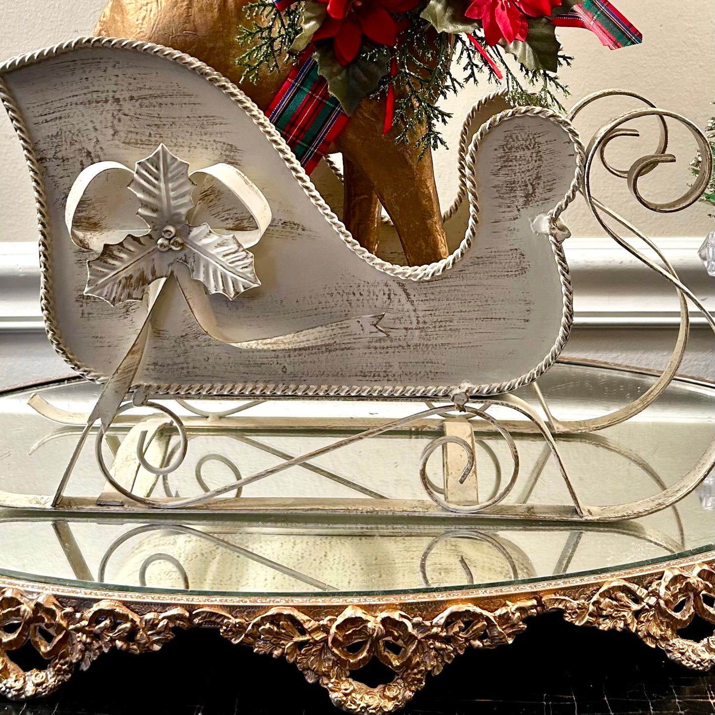 Massive Vintage Ivory tole Christmas Sleigh centerpiece