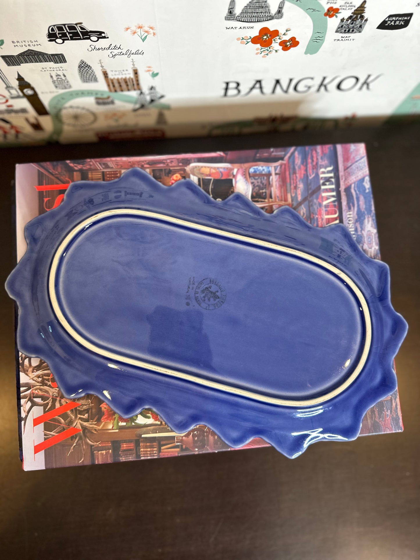 Pristine Bordallo Pinheiro Sapphire Blue Bunny Large Sandwich Tray, Made in Portugal, 13.25"