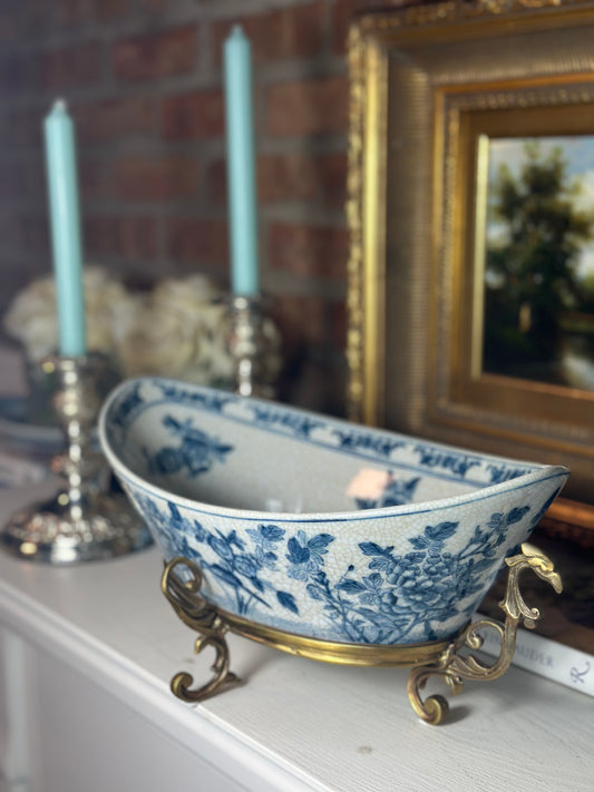 [14.5Lx8W Porcelain Blue And White Floral w/ Bird Pattern Oval Basin