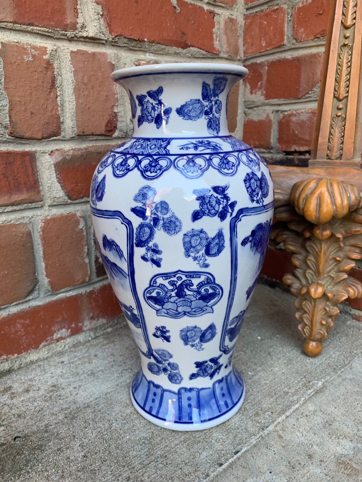 Blue and white floral and scenic 12” vase! - Excellent condition!