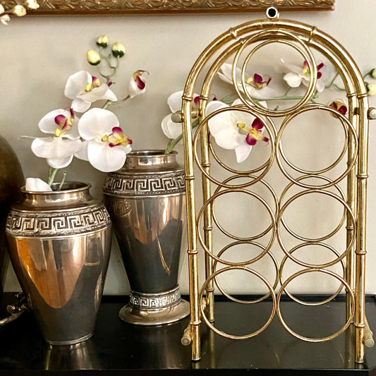 Vintage bamboo gold palm beach / Hollywood regency wine bottle holder rack, 15.5h x 15w