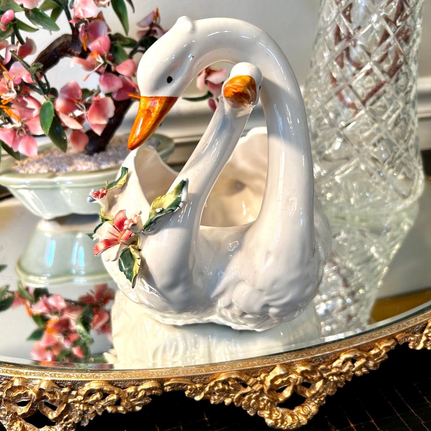 Stunning Italian Swan floral loving pair Italian planter decor