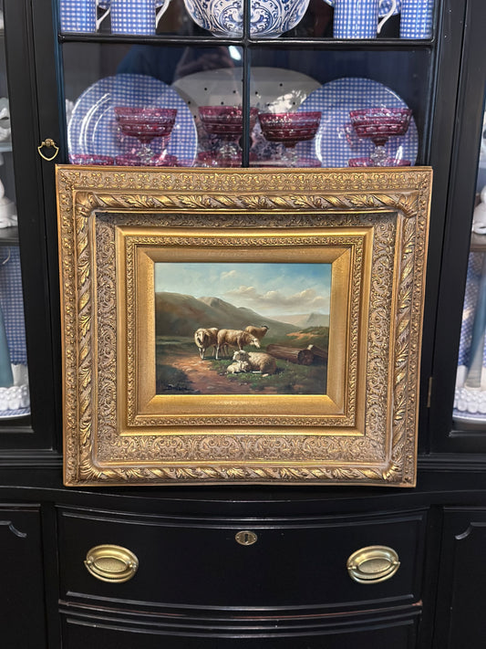 STUNNING - Very Fine Oil on canvas sheep landscape art, Gold gilt wood frame 20x17.5"