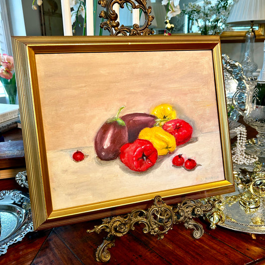 Original still life oil painting in gold custom frame