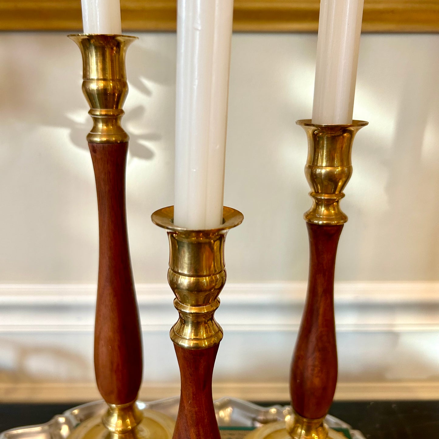 Trio set of 3 vintage brass & wood MCM candlesticks