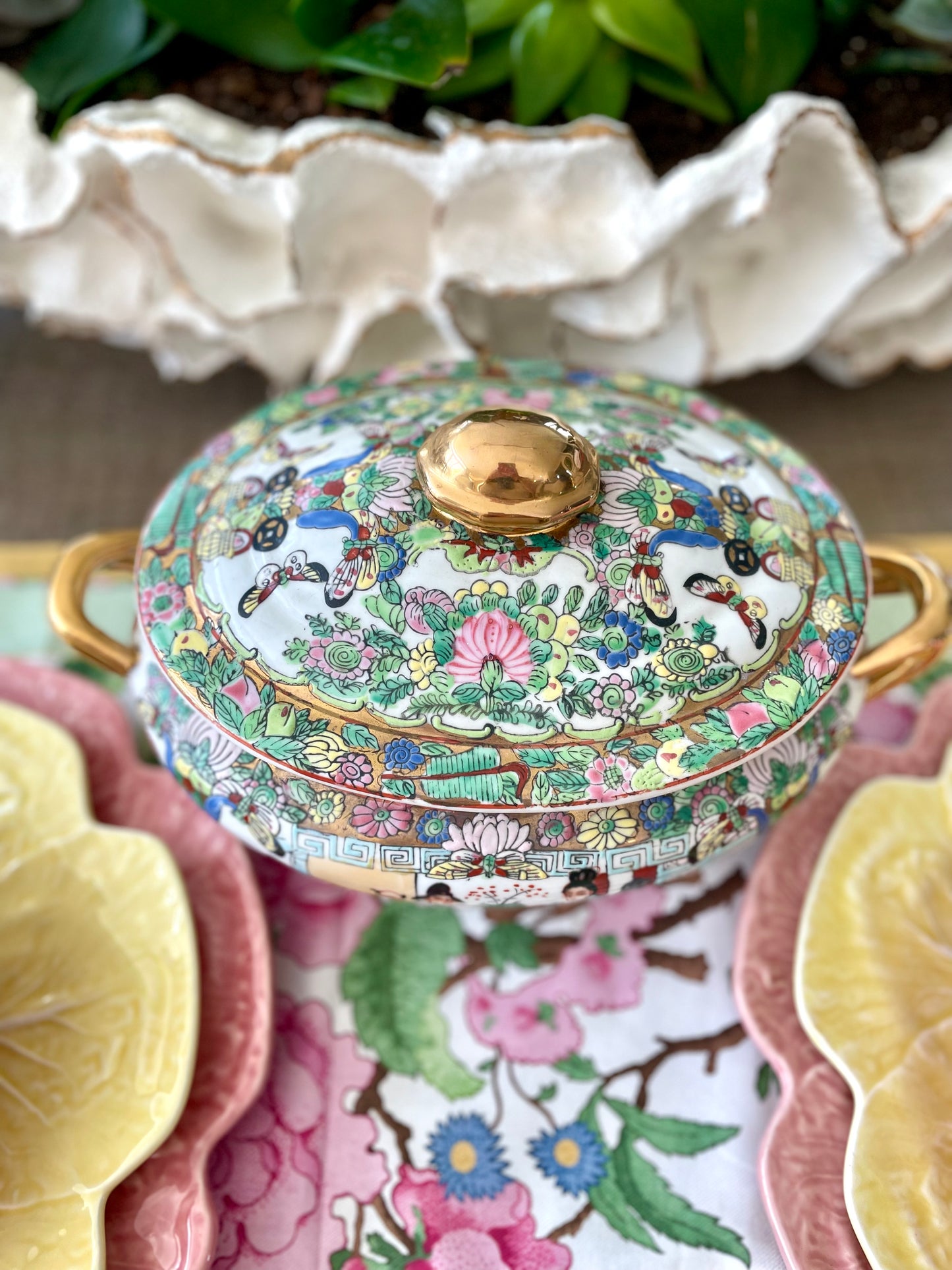 Vintage 12” Hand-Painted Rose Medallion Lidded Tureen with Gold Handles
