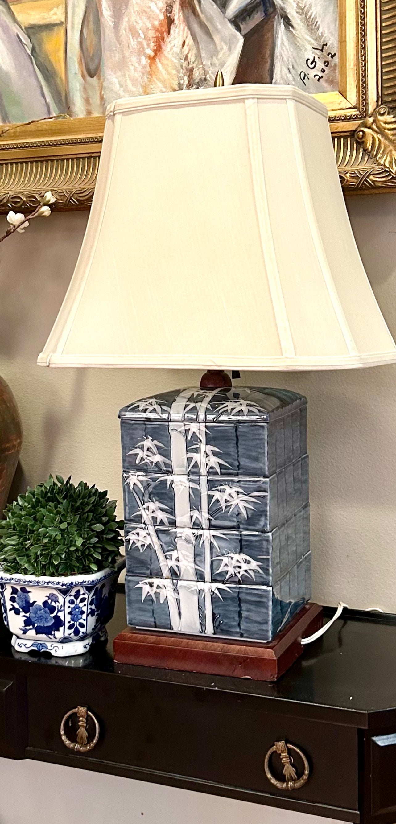 Fabulous vintage chinoiserie blue and white faux bamboo lamp